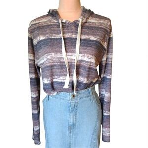 Heart & Hips Boho Striped Lightweight Hooded Camper Pullover Sweater Large